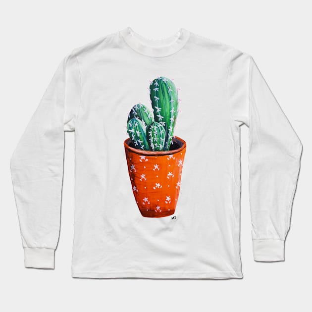 Cute Potted Cactus Print - Pink Background Long Sleeve T-Shirt by monitdesign